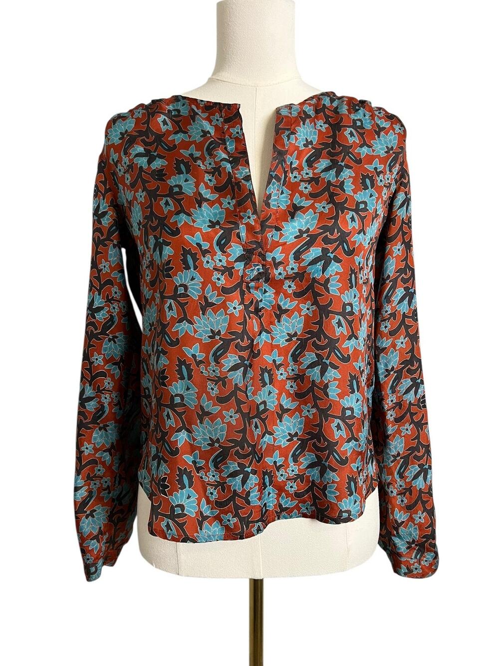 Calypso Christiane Celle Blouse Womens Small Orange Silk Floral V Neck Top